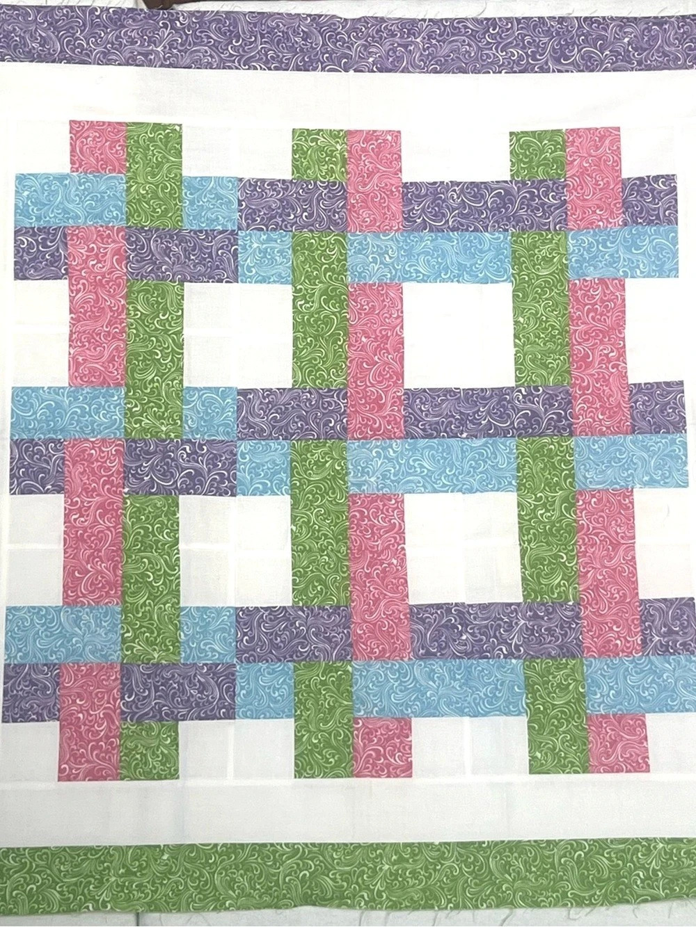 Geometric Patchwork Quilt TOP in White Pink Green Blue & Purple